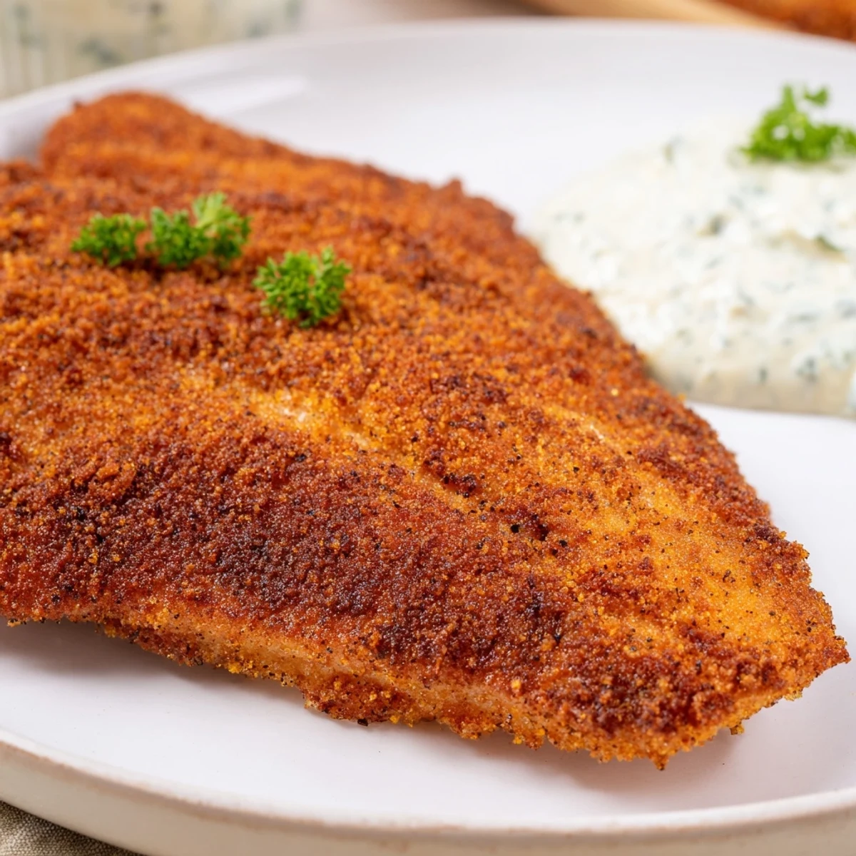 Crispy Southern-style catfish fillets with a golden, crunchy cornmeal crust beside lemon wedges.  