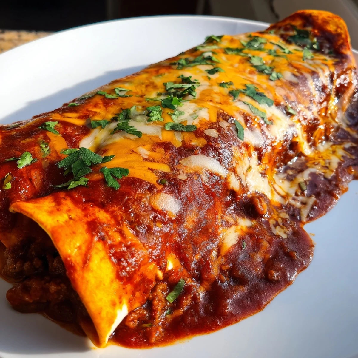 Melted cheese tops tender beef-filled corn tortillas smothered in homemade red enchilada sauce, served with lime wedges on a rustic table.  