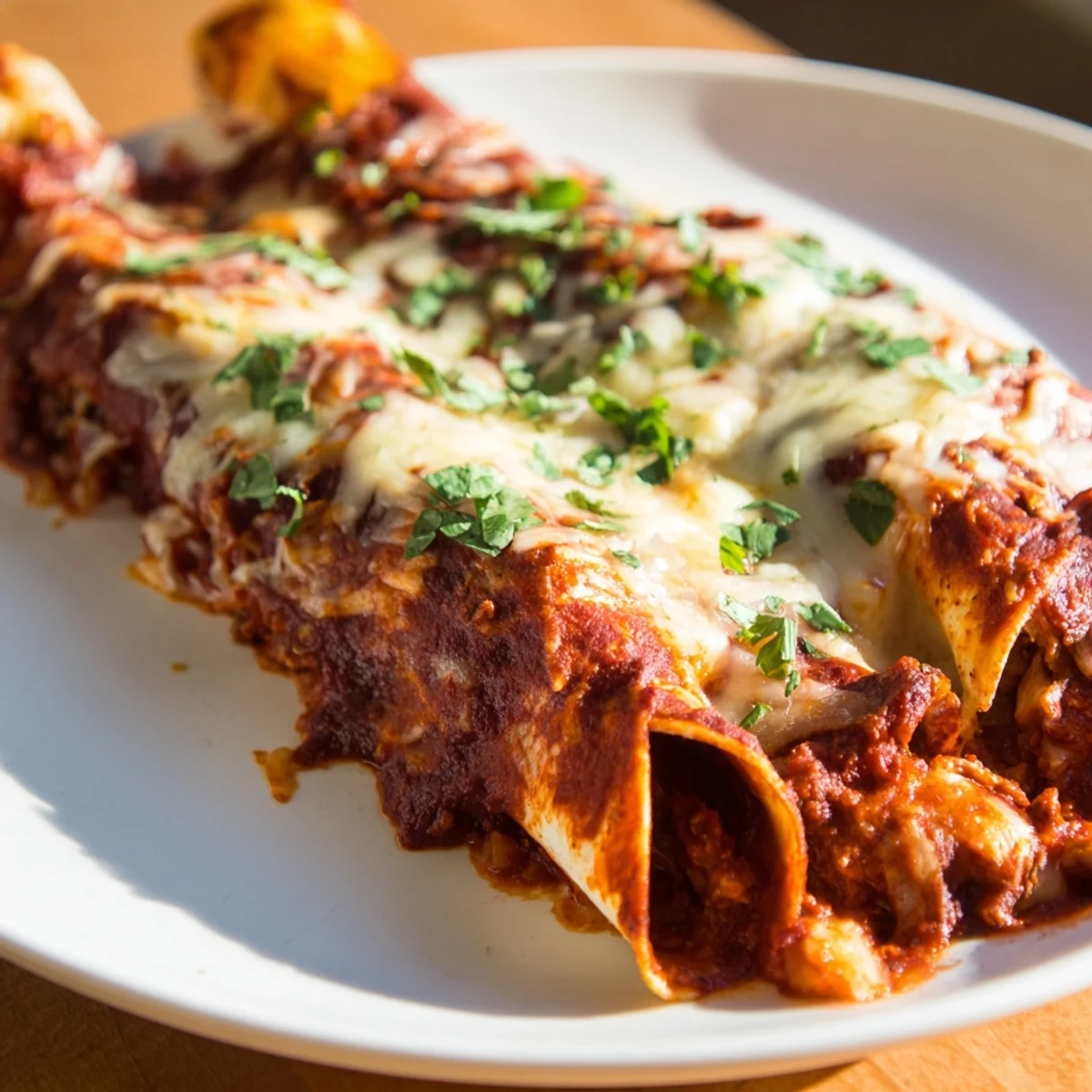 Golden-brown beef enchiladas bake in a dish, rich red sauce bubbling under a layer of cheddar and Monterey Jack.  