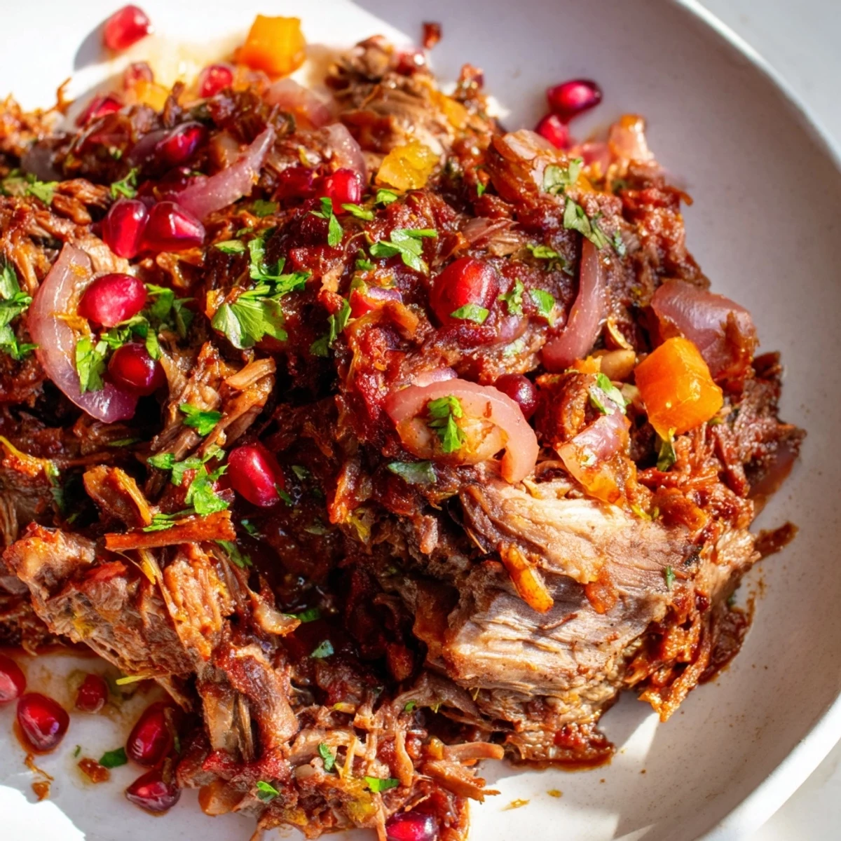 Braised Lamb Shoulder with Pomegranate glistens with a glossy, deep red sauce, garnished with jewel-like pomegranate seeds and fresh parsley.  