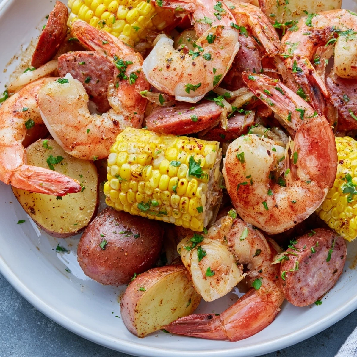 Steamy Cajun Shrimp Boil with corn, potatoes, and sausage served family-style on a platter.