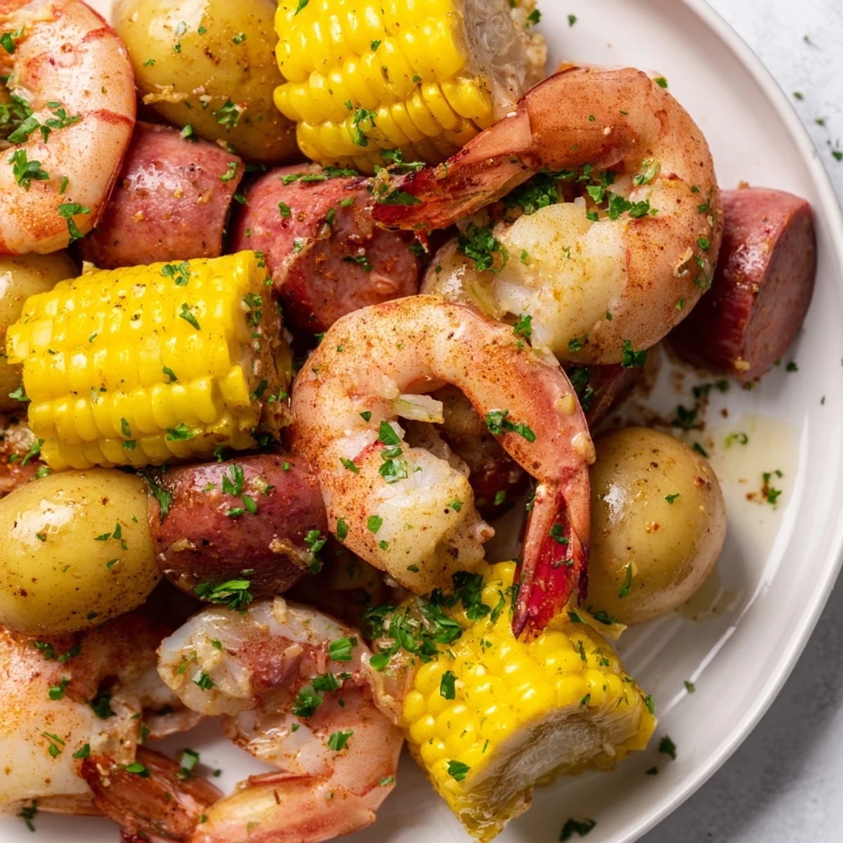 Freshly boiled Cajun Shrimp Boil with tender potatoes, sweet corn, and smoky sausage.