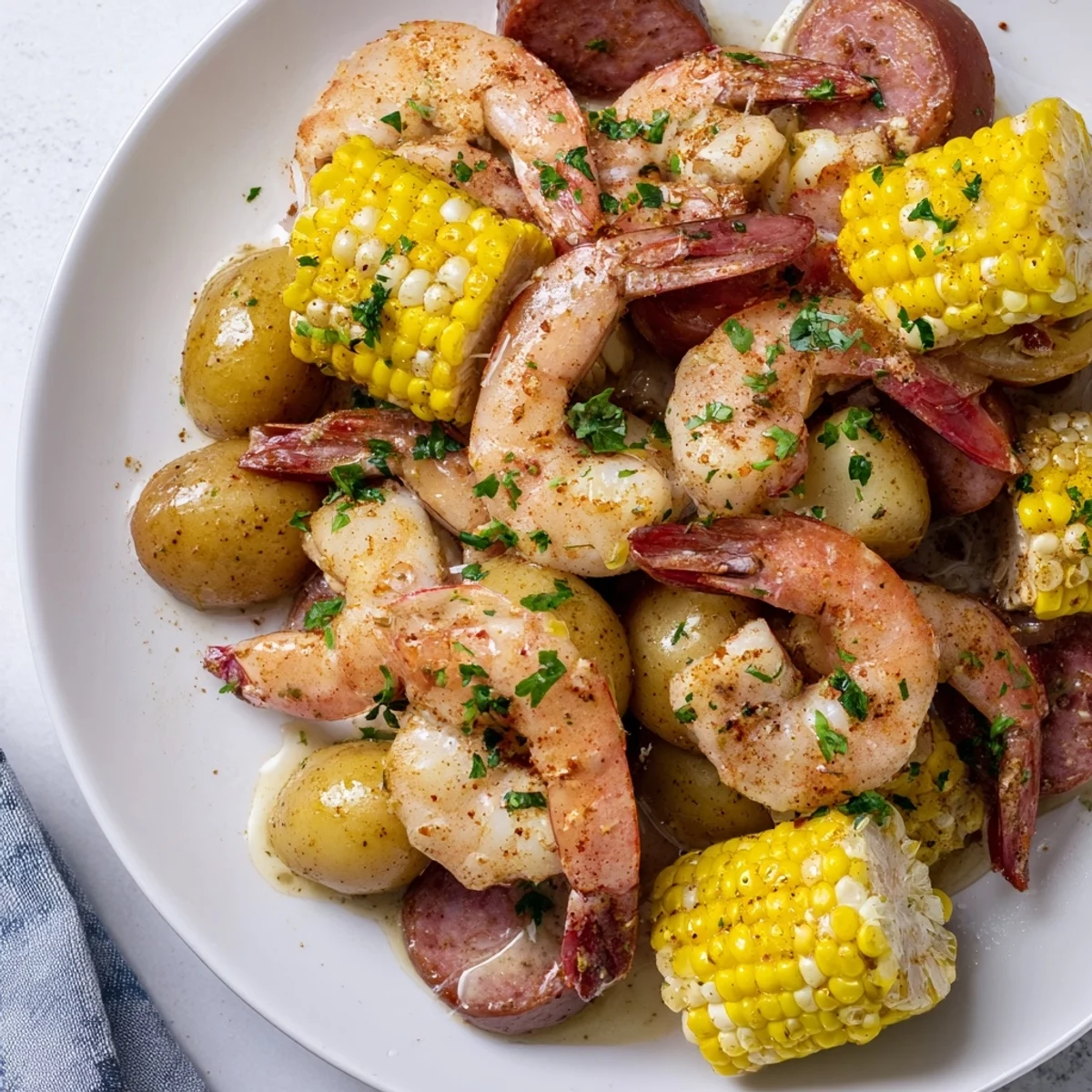 Cajun Shrimp Boil ready to serve, drizzled with butter and garnished with parsley.
