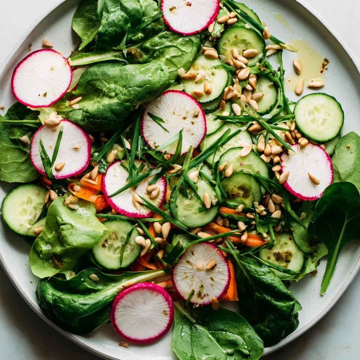 A vibrant bowl of Spring Garden Salad with Radishes and Cucumber served alongside toasted bread for a light lunch.  