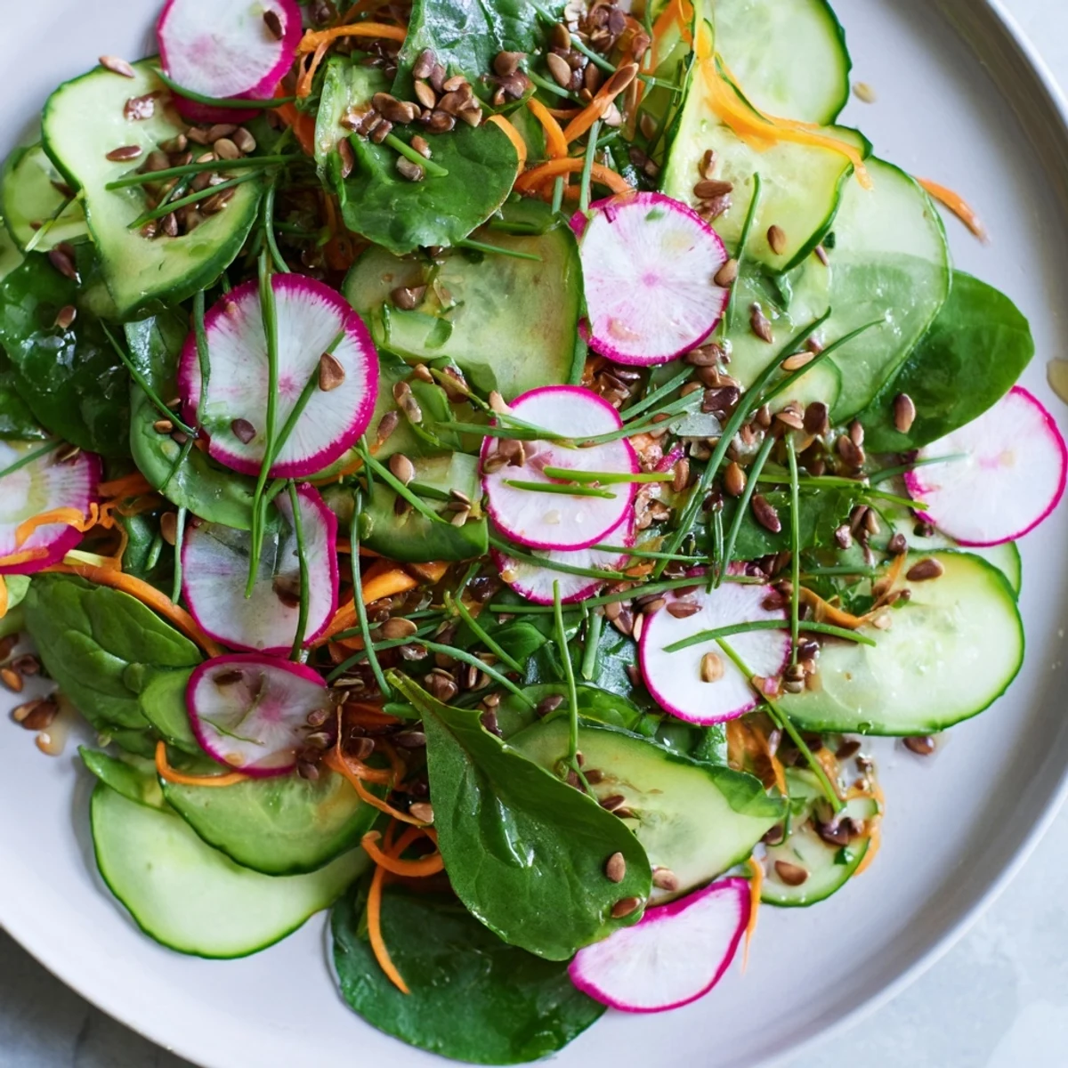 Fresh Spring Garden Salad with Radishes and Cucumber tossed in a lemony vinaigrette and topped with sunflower seeds.  