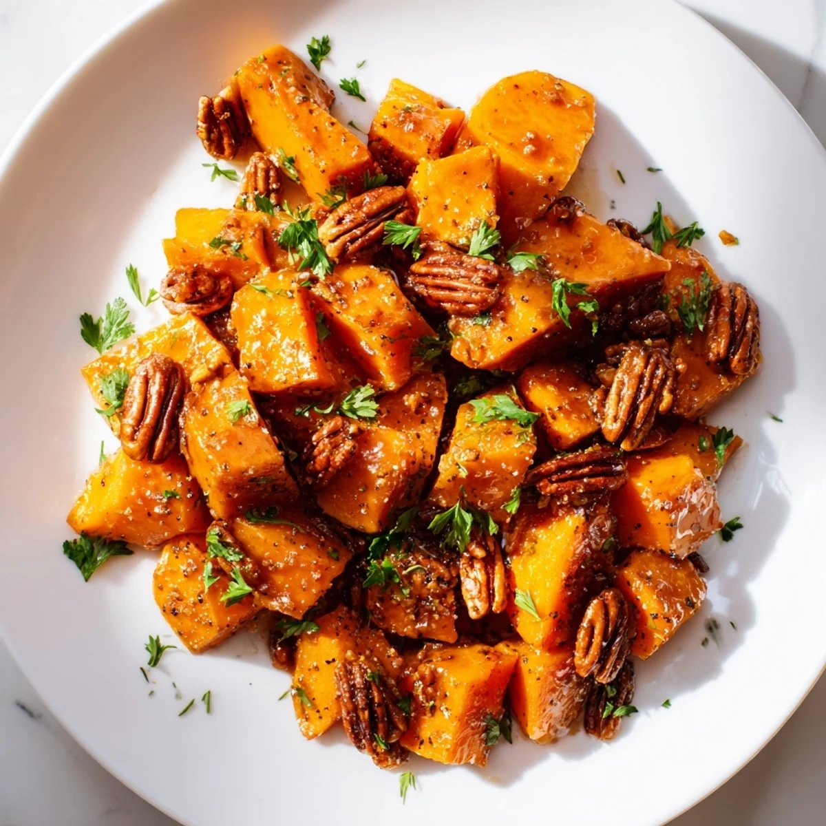 Golden roasted sweet potato cubes glazed in maple syrup and topped with toasted pecans on a rustic plate.
