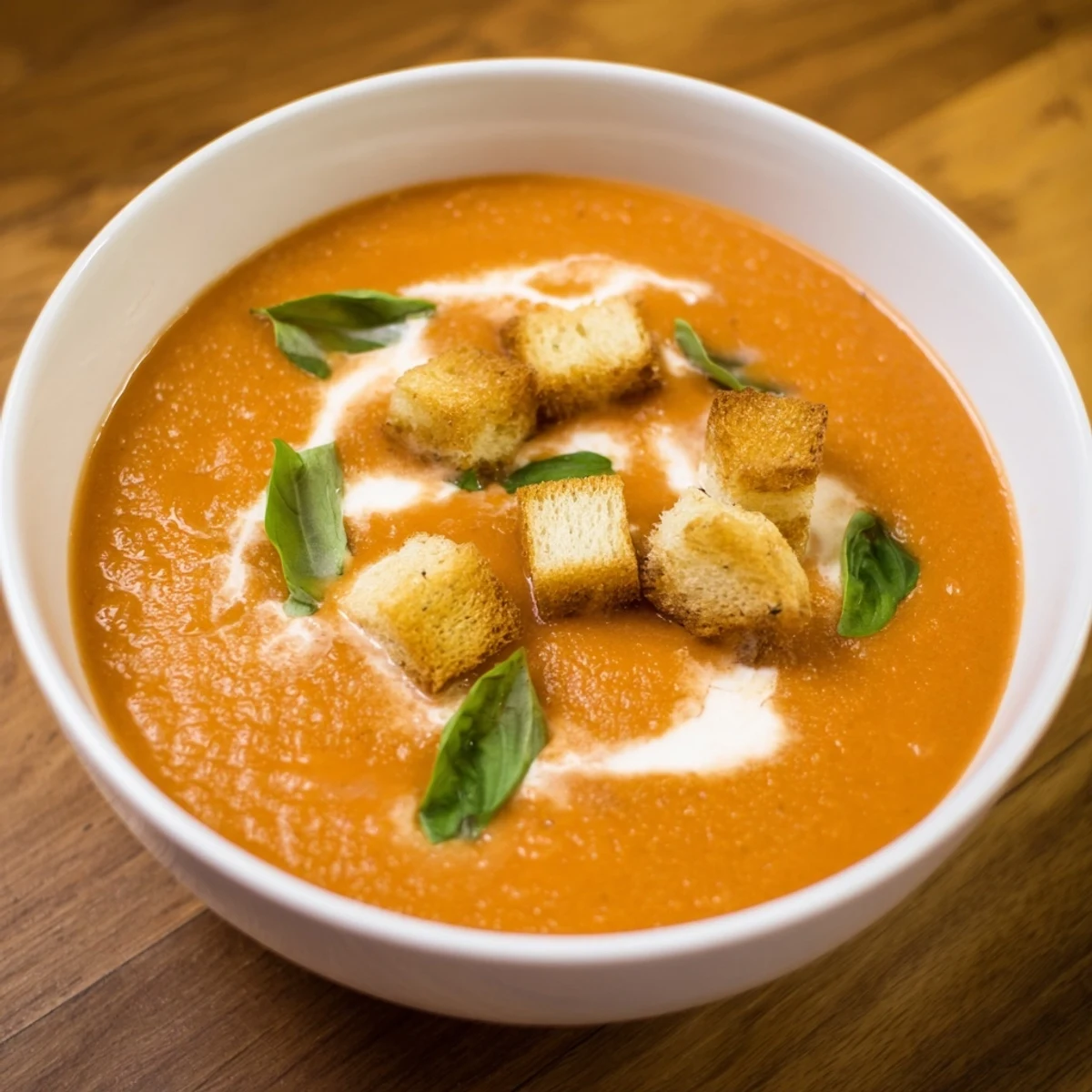 A bowl of creamy tomato and basil soup topped with golden croutons, served with a slice of crusty bread.  