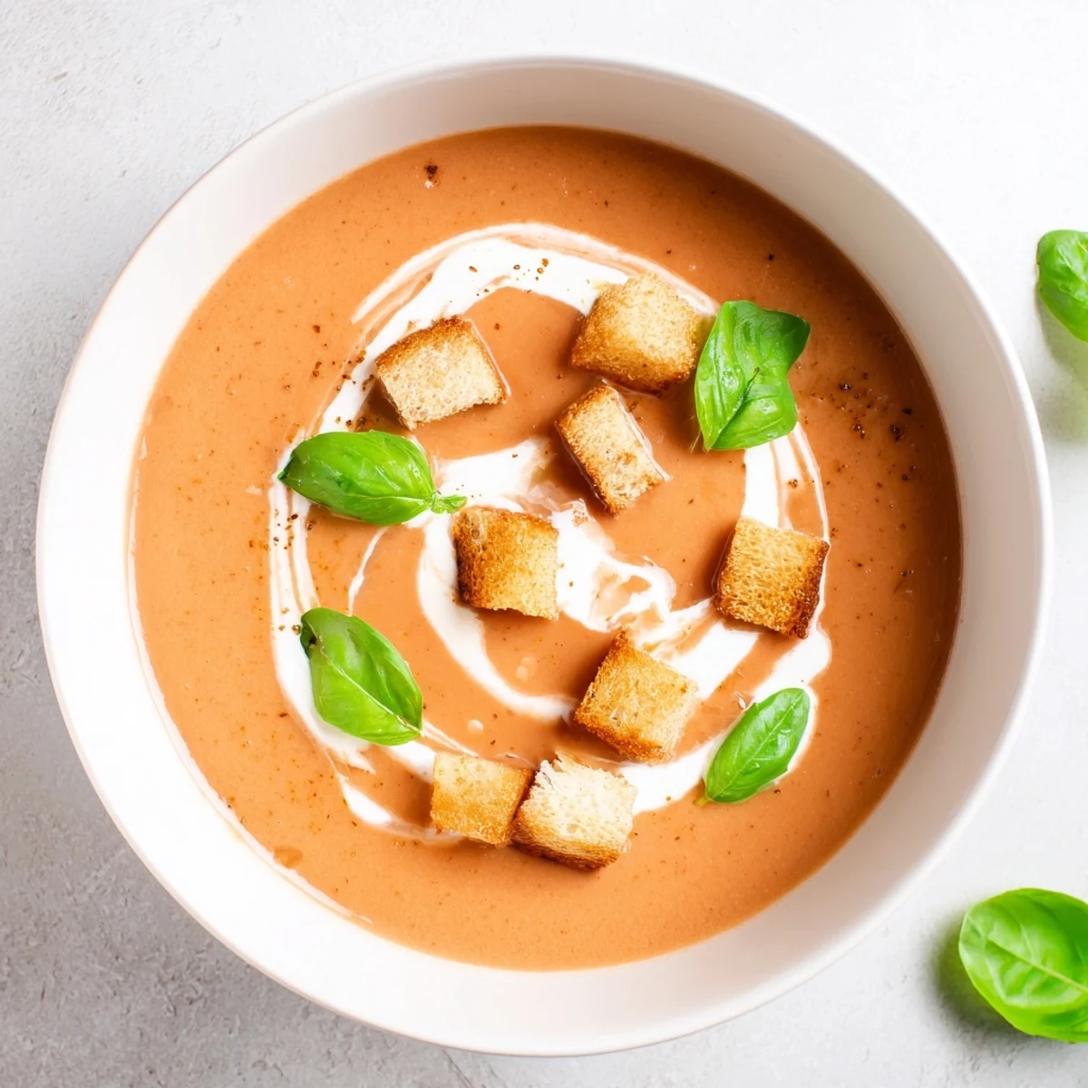 Velvety creamy tomato and basil soup, garnished with basil leaves and crunchy croutons on a wooden table.