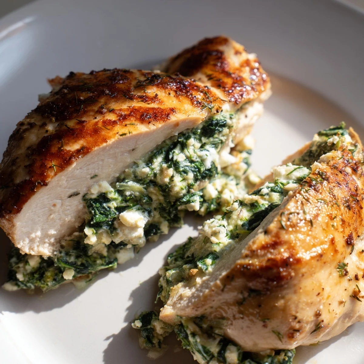 Juicy baked Spinach and Feta Stuffed Chicken Breast served alongside roasted vegetables on a rustic plate.