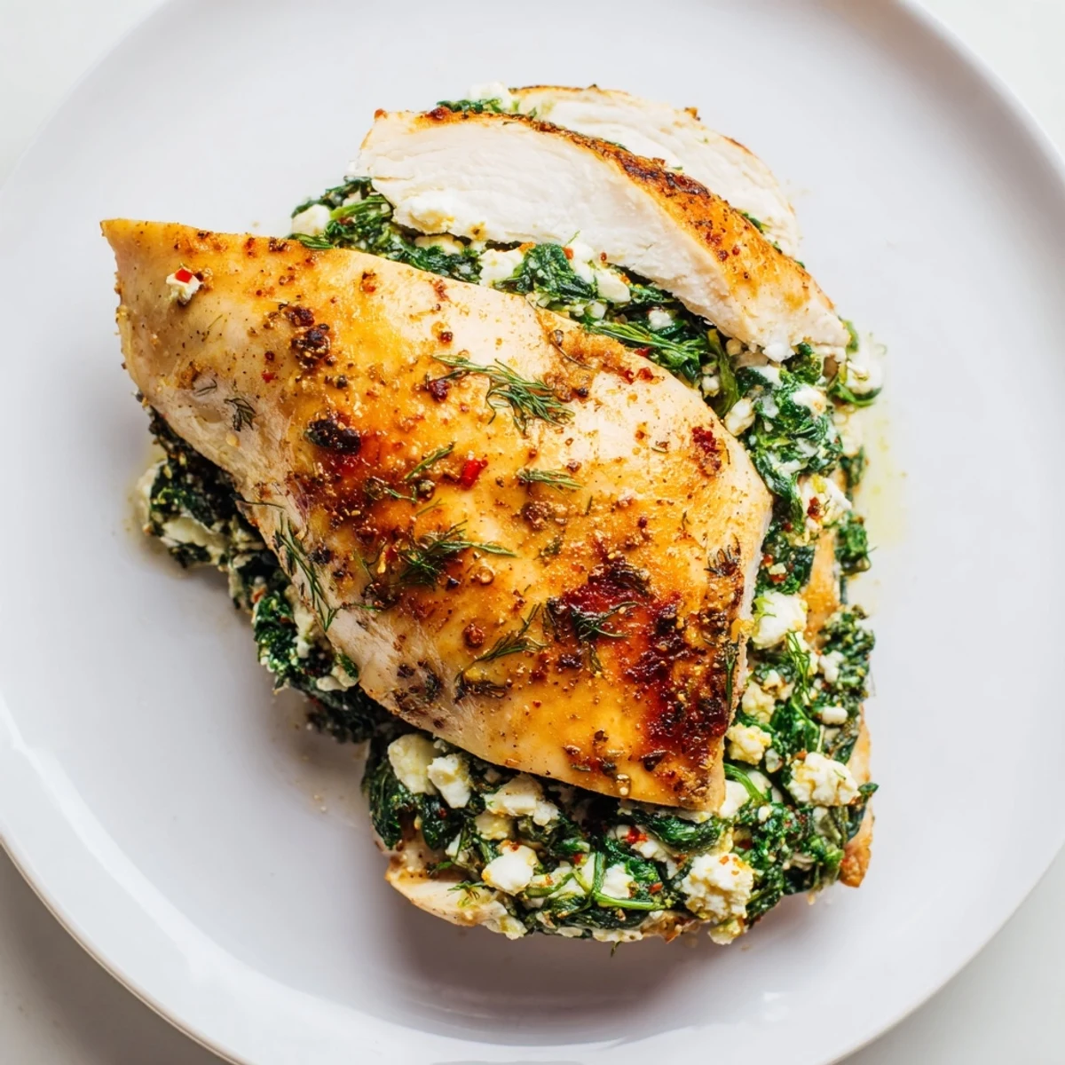 A close-up view of Mediterranean Spinach and Feta Stuffed Chicken Breast garnished with fresh dill.