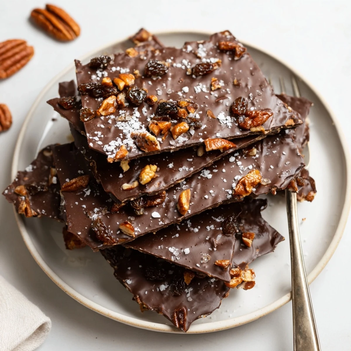 A close-up of chocolate covered matzo crackers, topped with toasted almonds and dried cranberries, glistening on parchment.