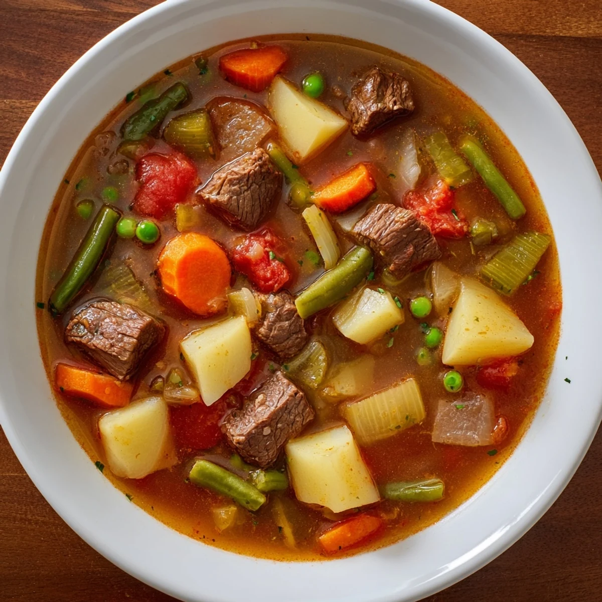 A close-up of hearty Beef Vegetable Soup with Potatoes, featuring tender beef cubes and green beans in a rich broth.