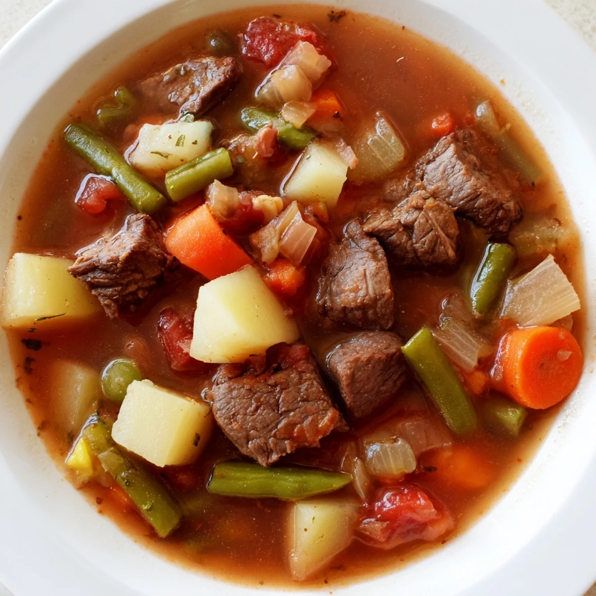 Steaming bowl of Beef Vegetable Soup with Potatoes and carrots, served with crusty bread on a rustic wooden table.