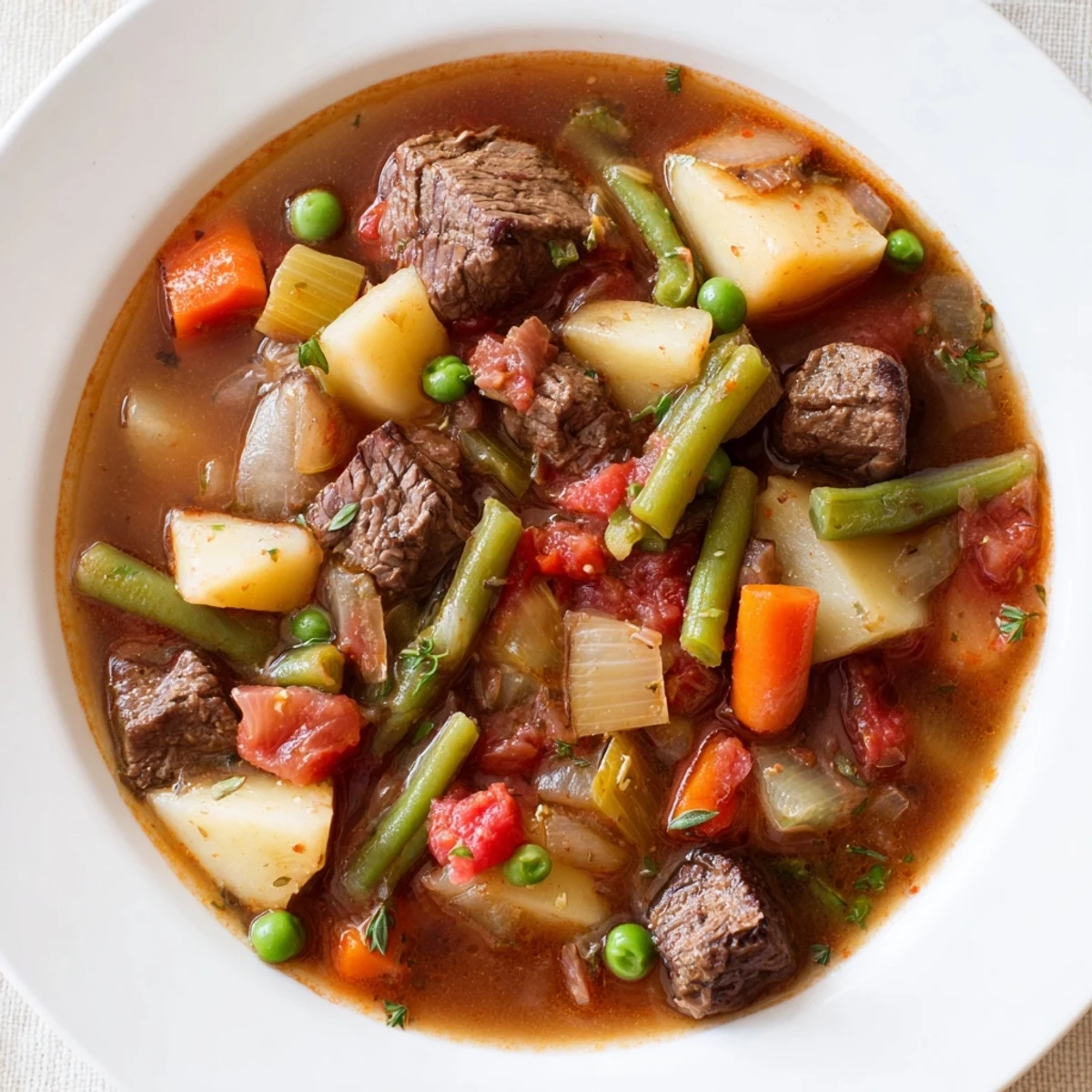 Close-up of savory Beef Vegetable Soup with Potatoes, ladled into a white bowl with fresh parsley garnish.