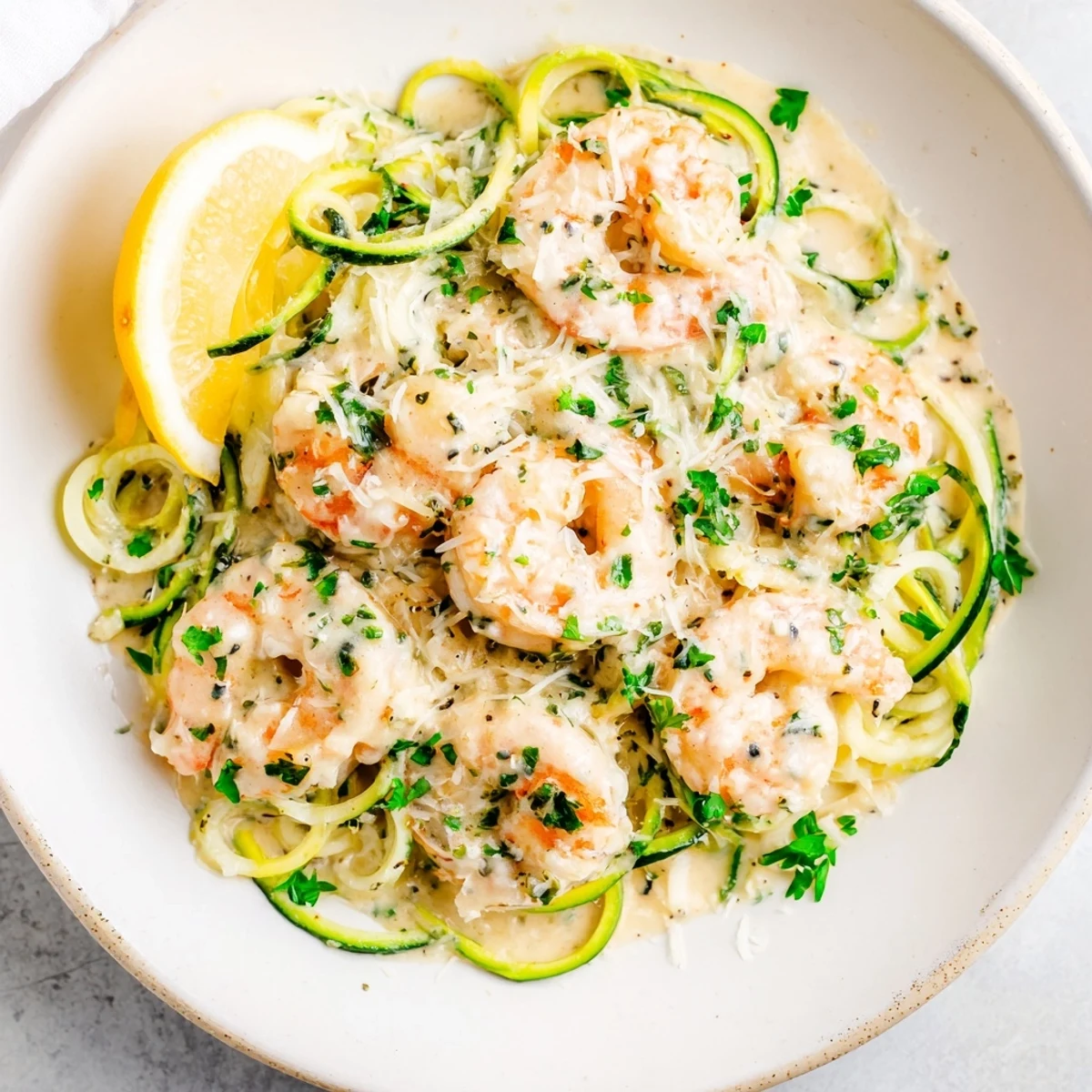 Creamy Garlic Shrimp with Zucchini Noodles are plated in a white bowl, garnished with fresh parsley and lemon wedges.