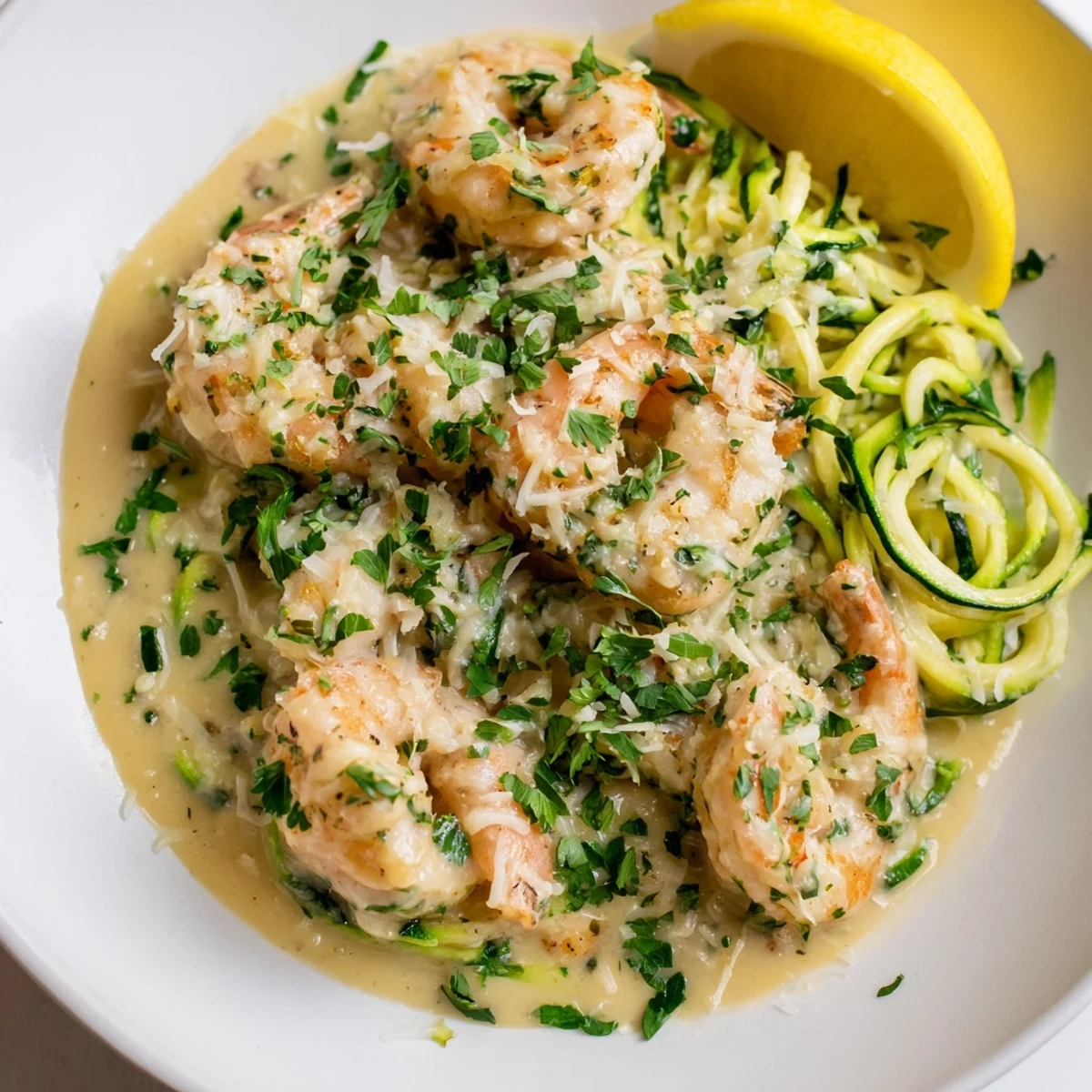 A close-up shows succulent shrimp nestled in a creamy garlic sauce over crisp zucchini noodles.