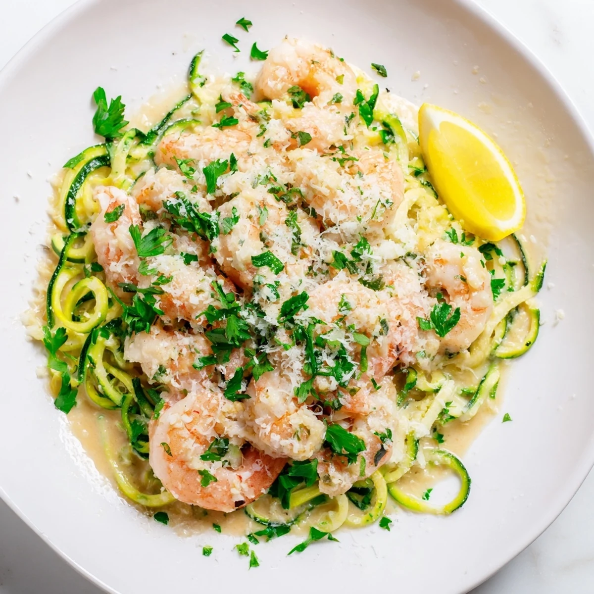 Serving Creamy Garlic Shrimp with Zucchini Noodles on a rustic wooden table for a family dinner.
