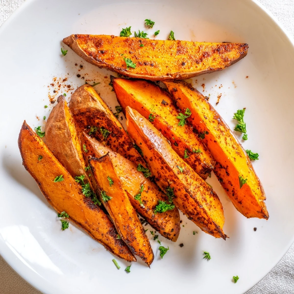 Golden roasted sweet potato wedges with paprika, crispy edges and tender centers, arranged on a platter.