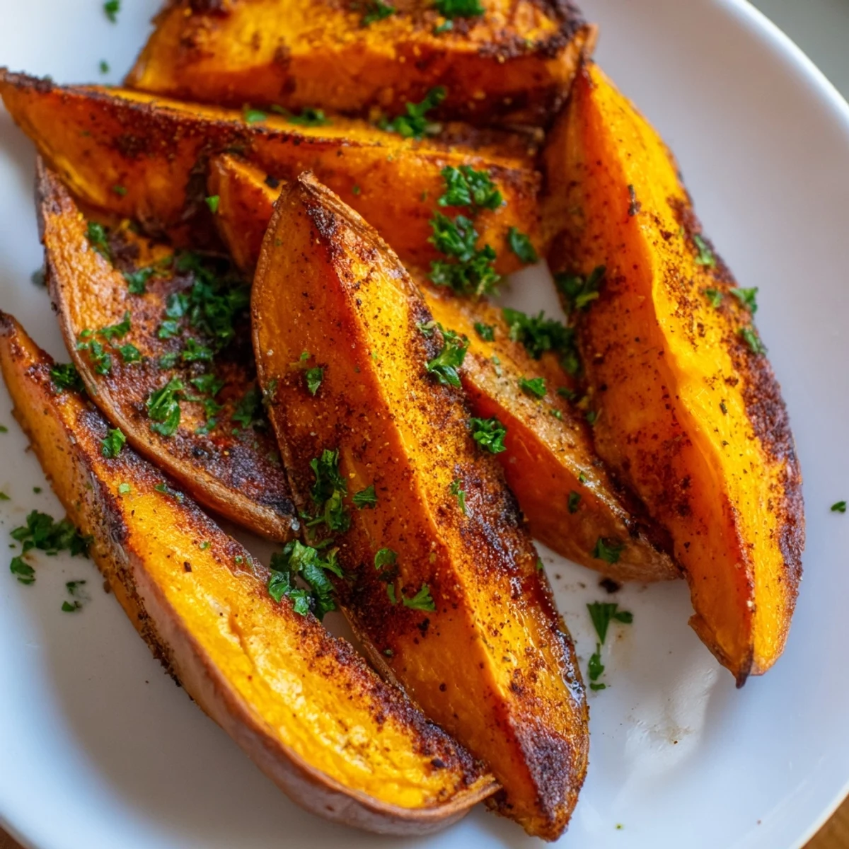 These roasted sweet potato wedges with paprika glisten with olive oil and spices, ready to serve.