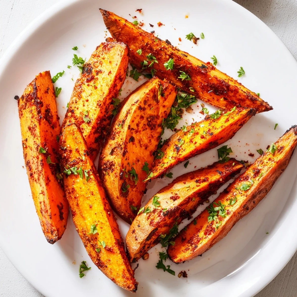 A close-up shows roasted sweet potato wedges with paprika beside lemon wedges and fresh parsley garnish.