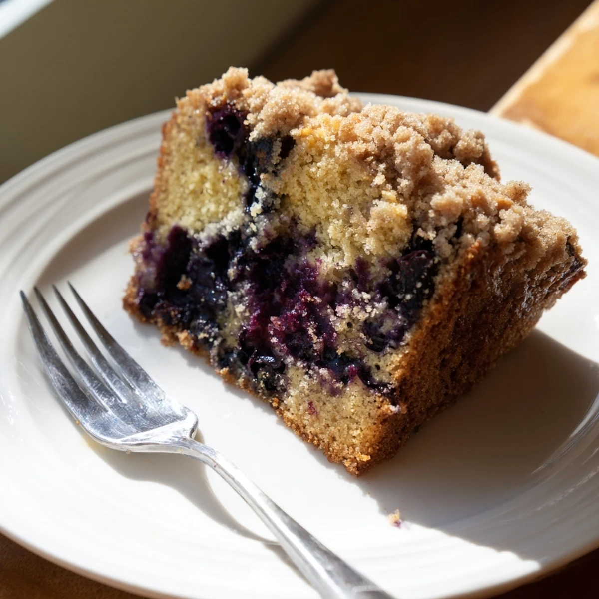 A freshly baked loaf of Lemon Blueberry Bread with Streusel Topping cooling on a wire rack with scattered berries.