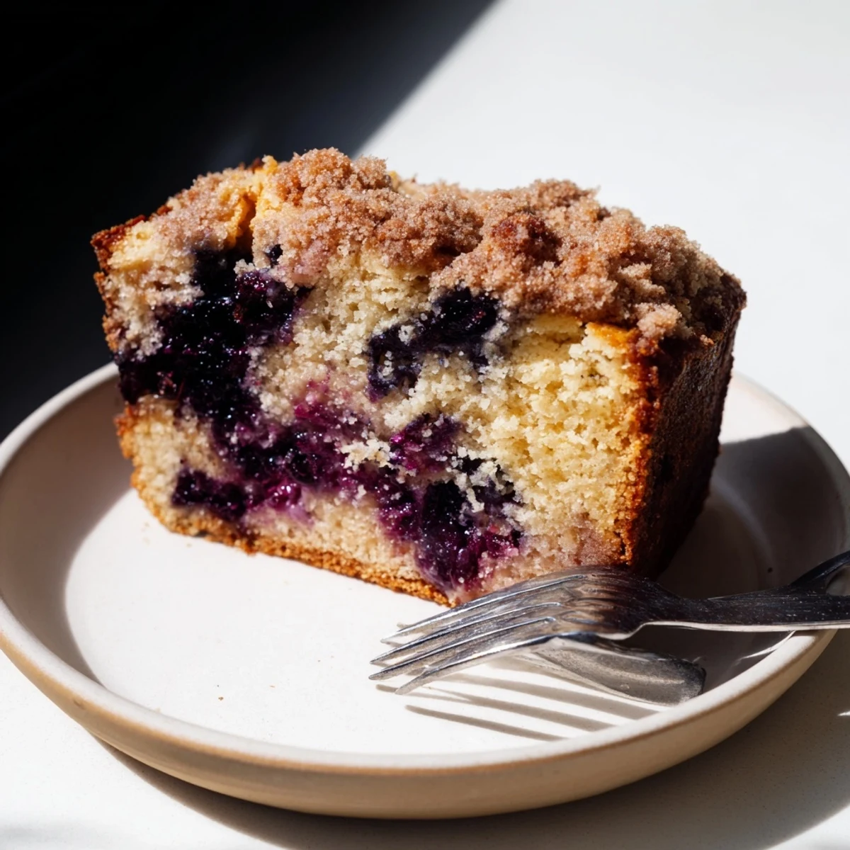 A slice of moist Lemon Blueberry Bread with Streusel Topping on a rustic plate, fresh blueberries and lemon zest visible.