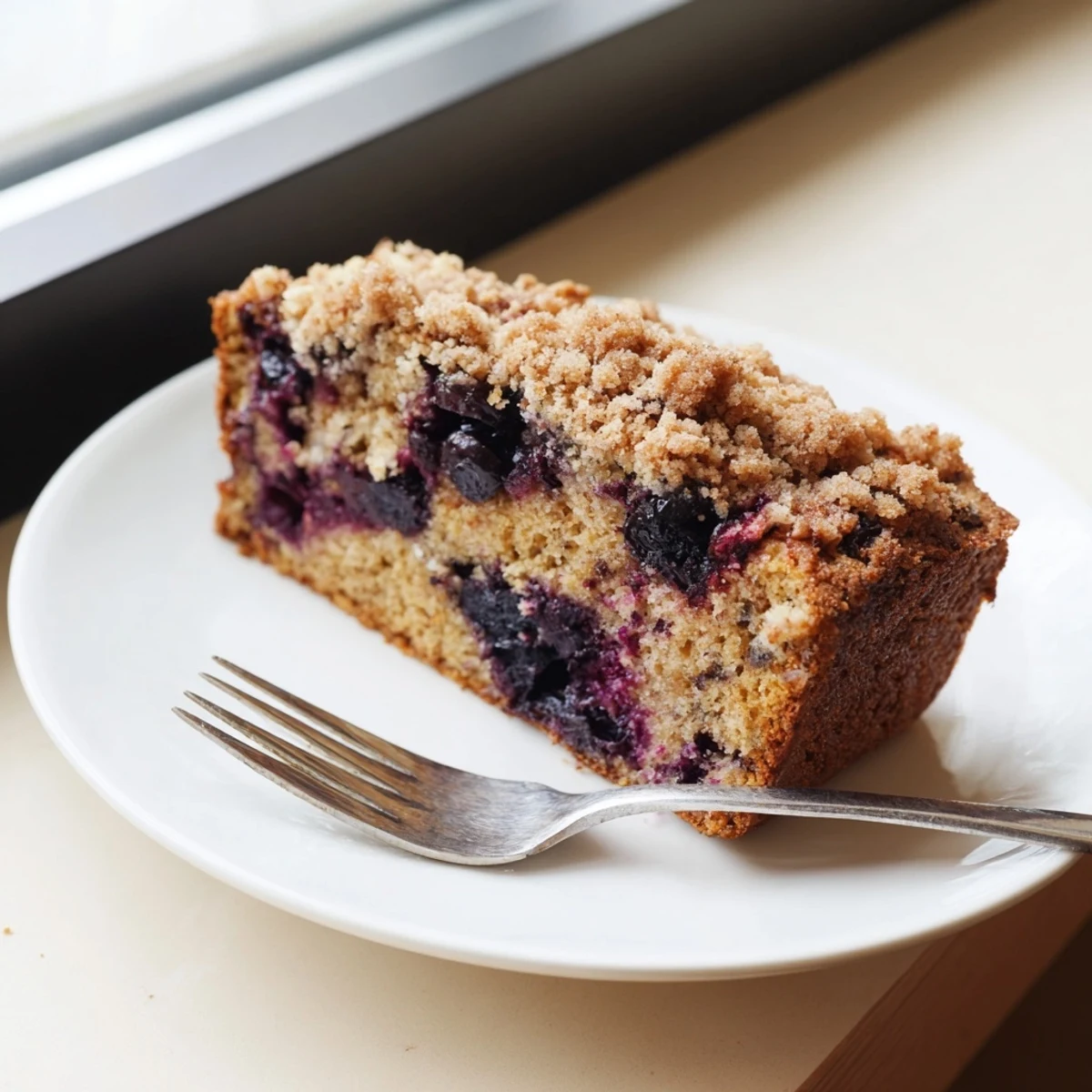 A close-up of crumbly Lemon Blueberry Bread with Streusel Topping revealing juicy blueberries and a bright yellow lemon glaze.