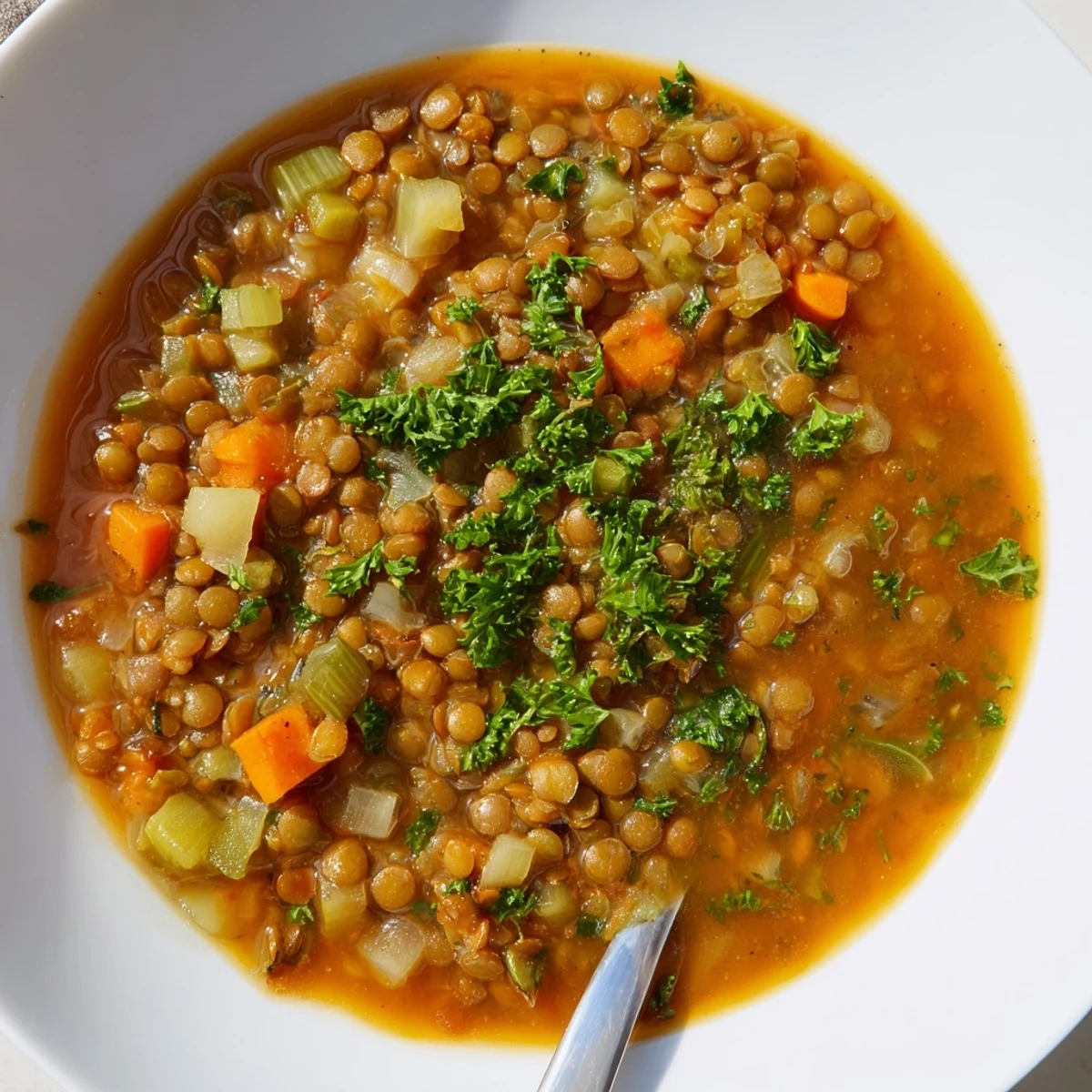 Warm, spicy lentil soup with diced carrots and celery in a rustic bowl, garnished with fresh cilantro and lemon.