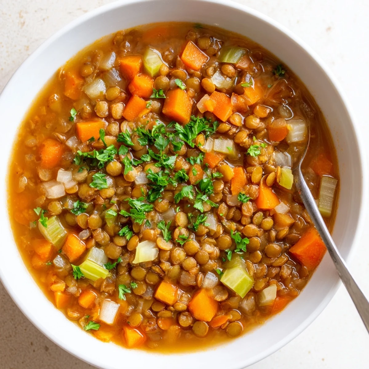 Hearty Spicy Lentil Soup with Carrots and Celery served steaming hot with crusty bread for dipping.