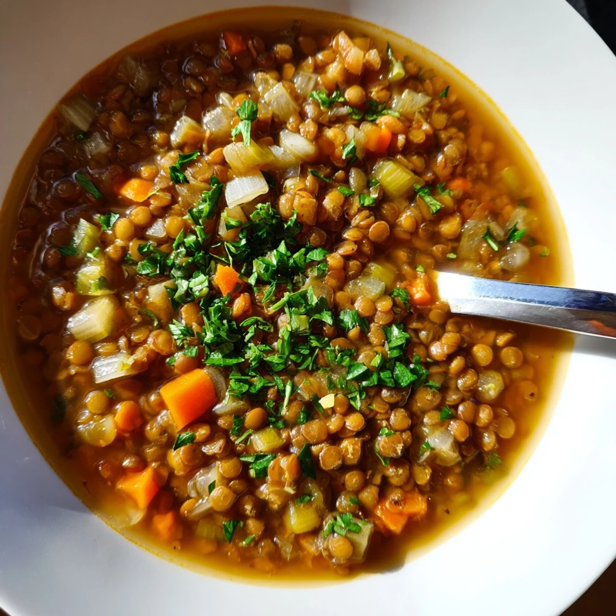 Fragrant Middle Eastern-inspired Spicy Lentil Soup with Carrots and Celery, featuring tender lentils in a rich broth.