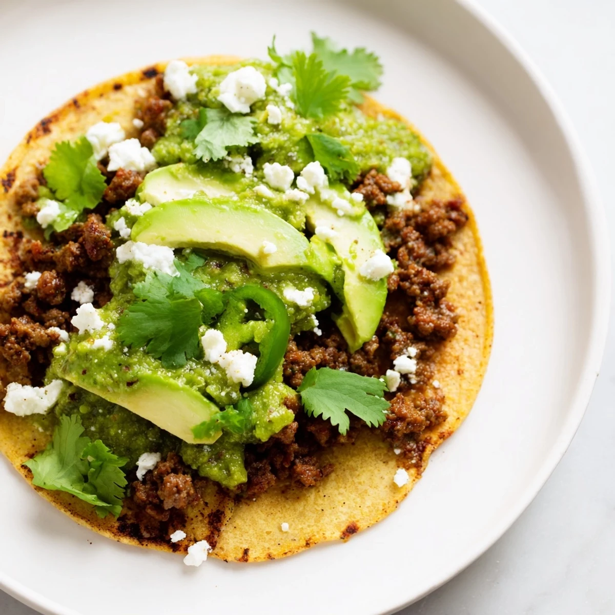 Juicy Spicy Beef Tacos with Salsa Verde stacked high with fresh cilantro and avocado slices.