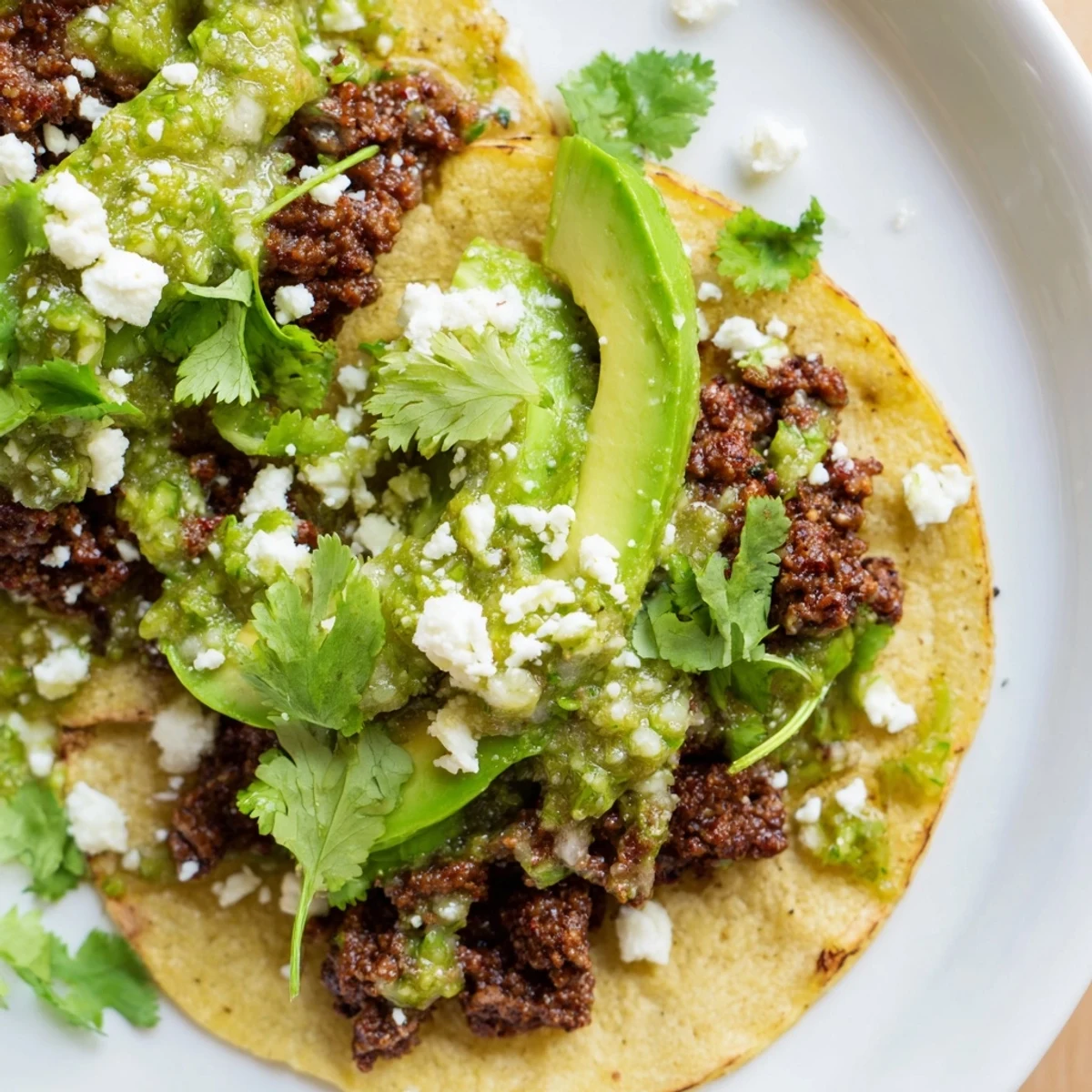 Golden platter of Spicy Beef Tacos with Salsa Verde topped with lime wedges and cilantro.
