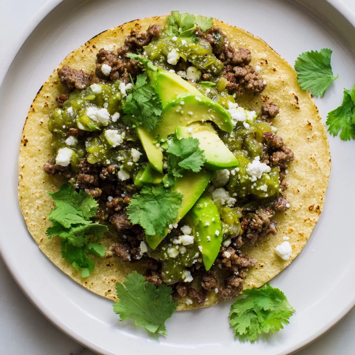 Warm corn tortillas filled with spicy beef and zesty green salsa verde for dinner.