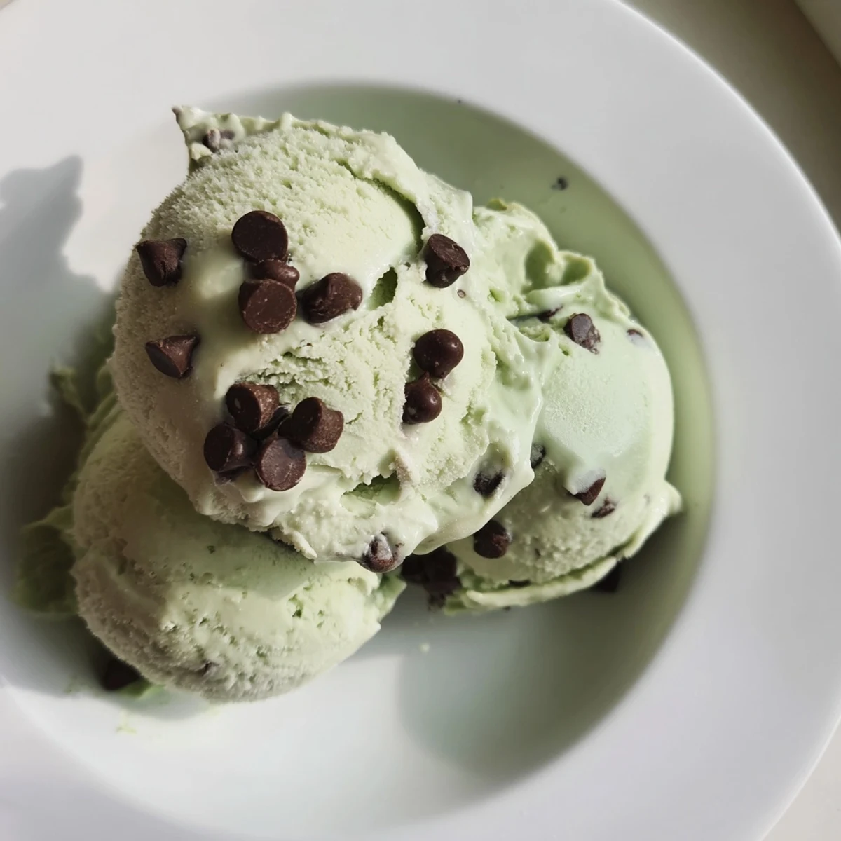 Freshly churned Green Mint Chocolate Chip Ice Cream in a chilled bowl, with melted chocolate drizzle and a mint sprig garnish.
