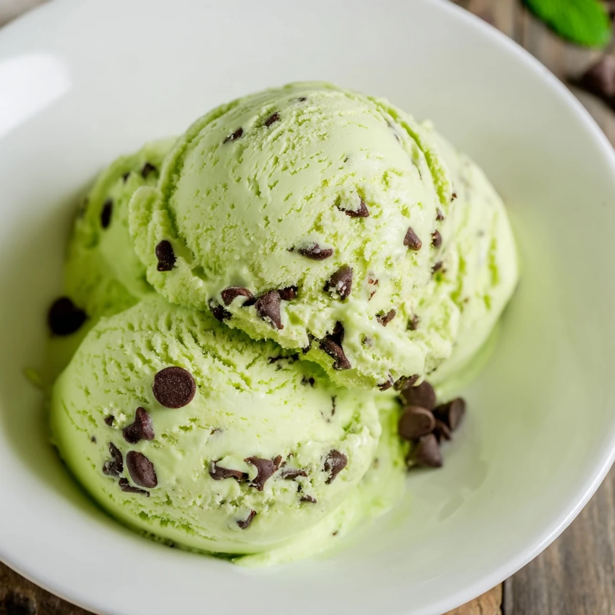 A vibrant scoop of homemade Green Mint Chocolate Chip Ice Cream melting beside crunchy chocolate wafer cookies on a rustic table.