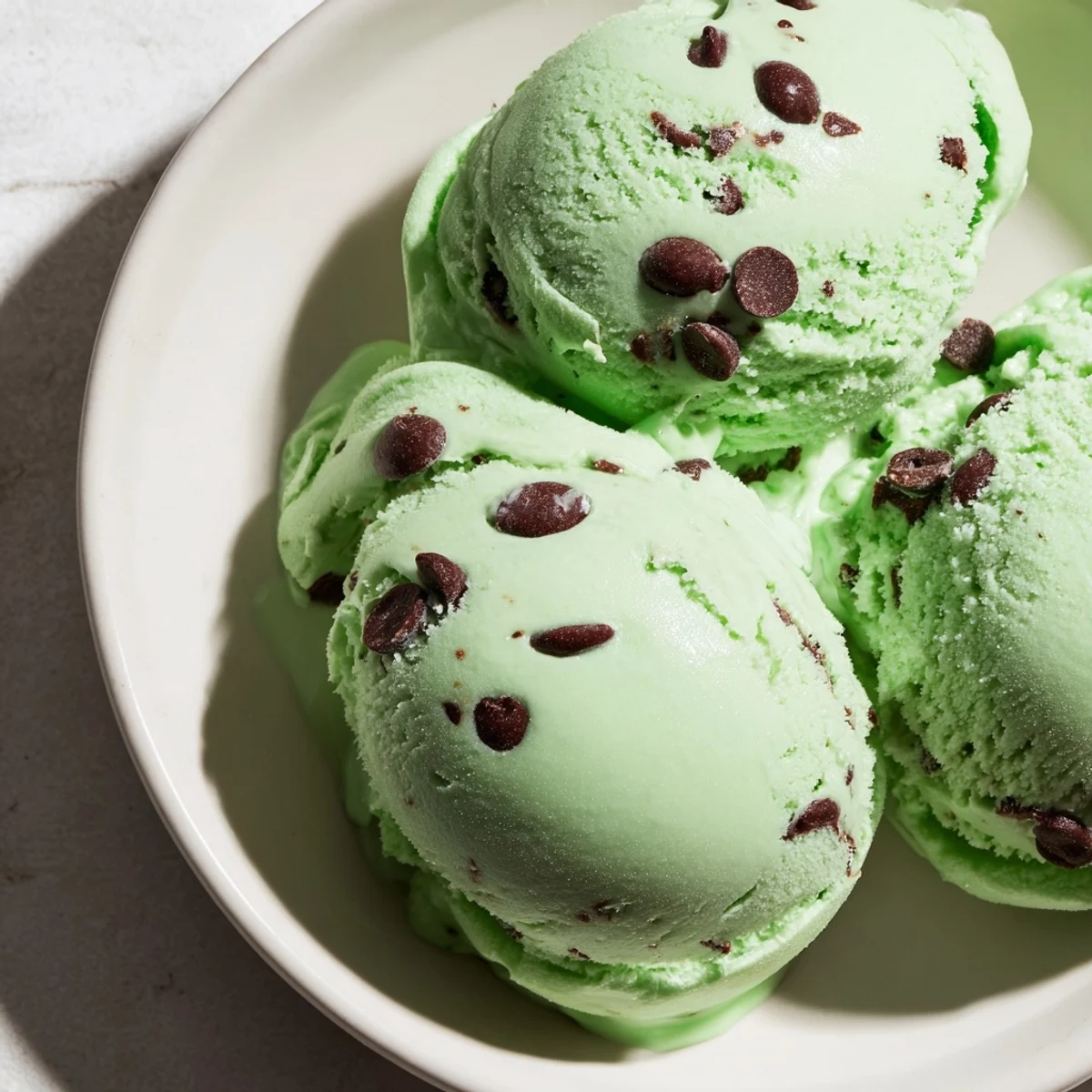 Close-up of creamy Green Mint Chocolate Chip Ice Cream scoops topped with dark chocolate shavings, ready for a summer dessert.