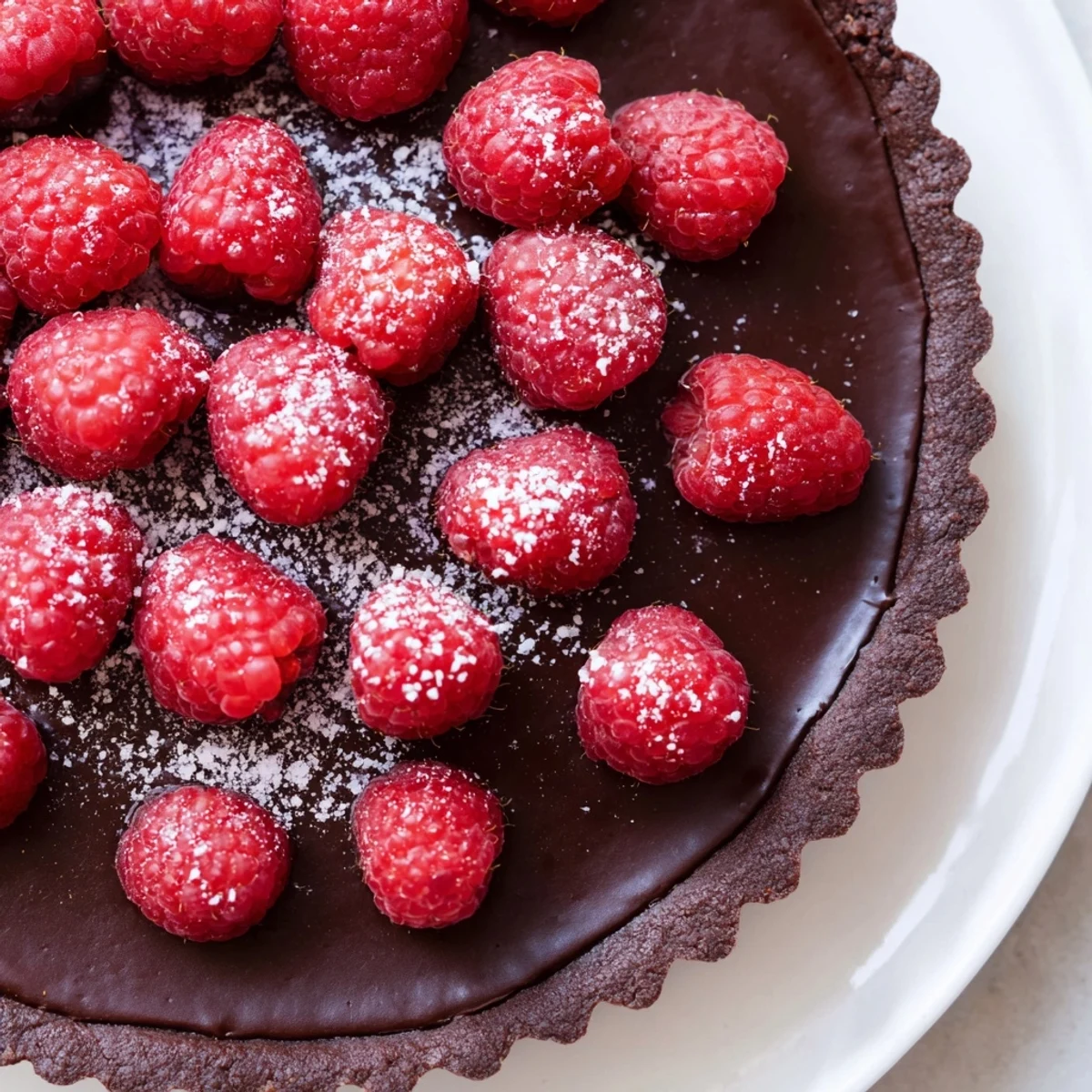 A slice of Chocolate Raspberry Tart with a dark chocolate crust and fresh raspberries on top.