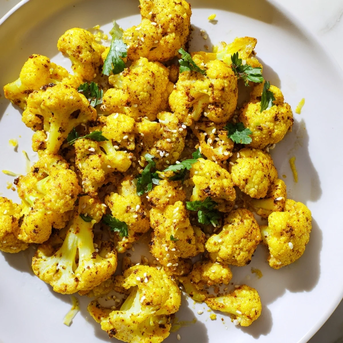 Golden roasted cauliflower with turmeric on a white plate, garnished with cilantro and sesame seeds, ready to serve.