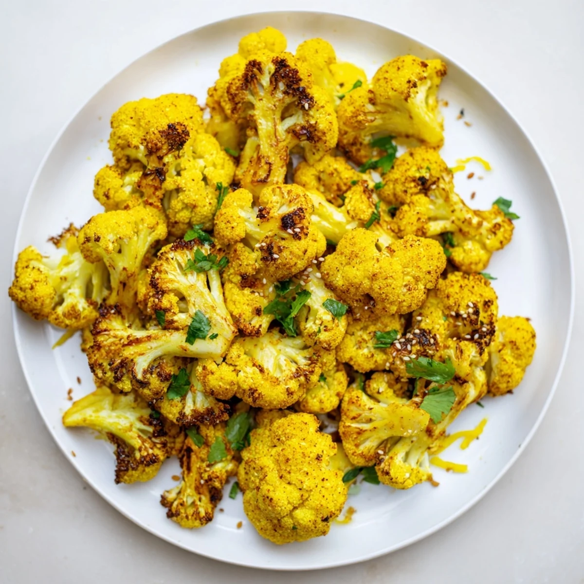 Roasted cauliflower with turmeric and warm spices steaming from the oven, golden edges glistening on a parchment-lined baking sheet.