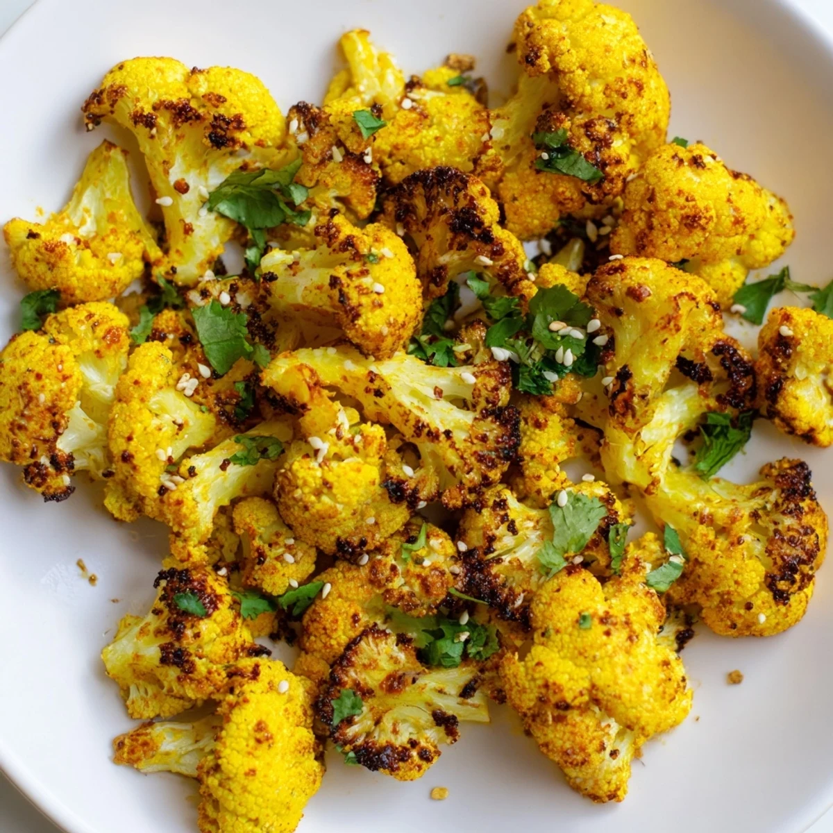 Vibrant roasted cauliflower with turmeric served alongside yogurt dip and grain bowl, sprinkled with cilantro and toasted sesame seeds.