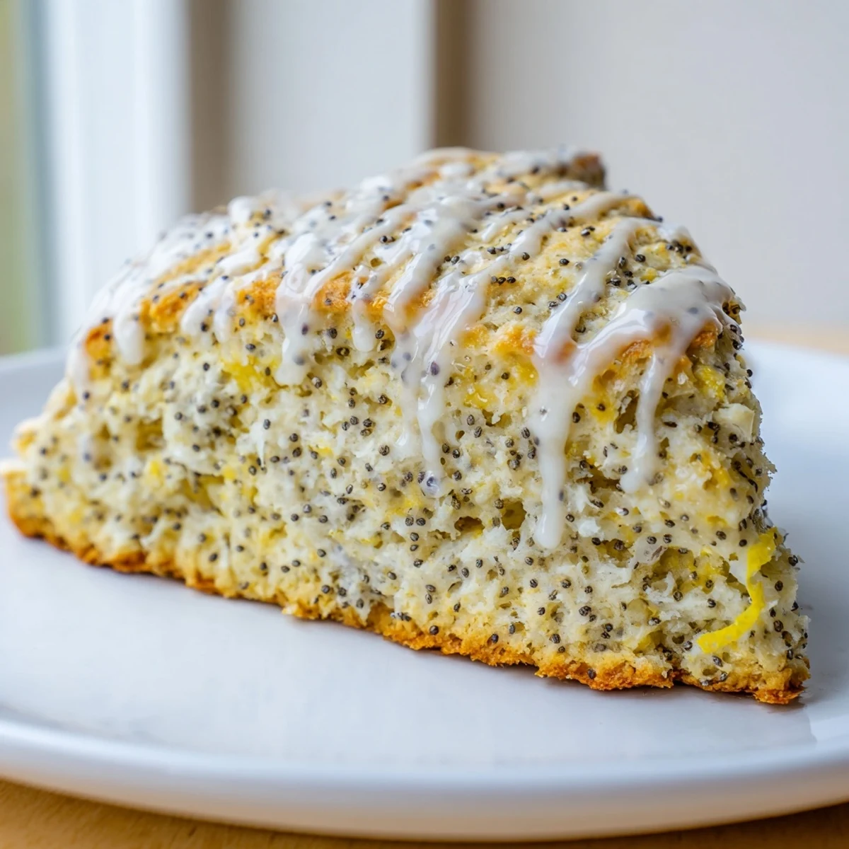 Golden brown Lemon Poppy Seed Scones fresh from the oven, featuring a crumbly texture and a sweet lemon glaze on a rustic wooden board.