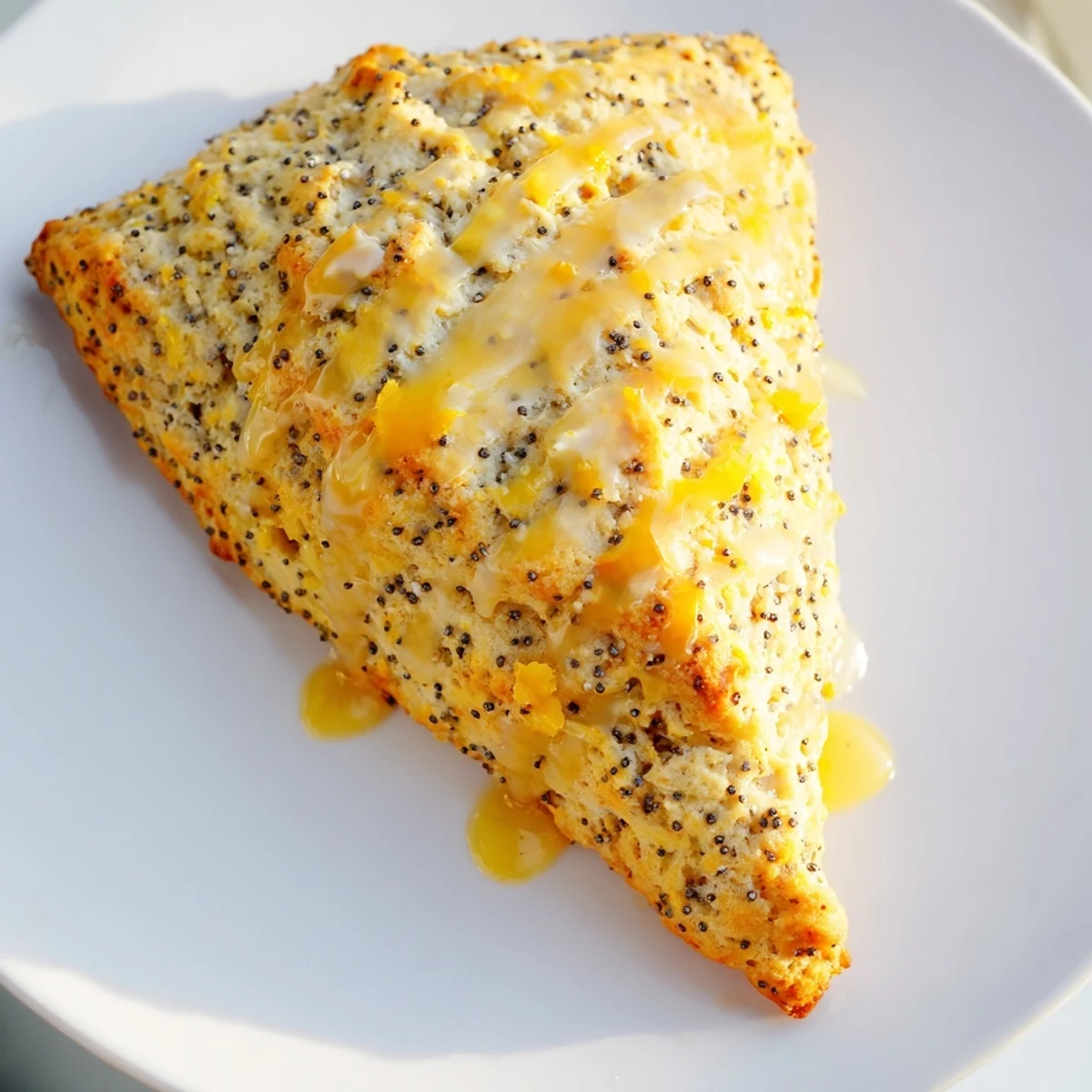 Eight freshly baked Lemon Poppy Seed Scones arranged neatly on a wire rack, showcasing their golden crusts and moist, zesty interiors for breakfast.