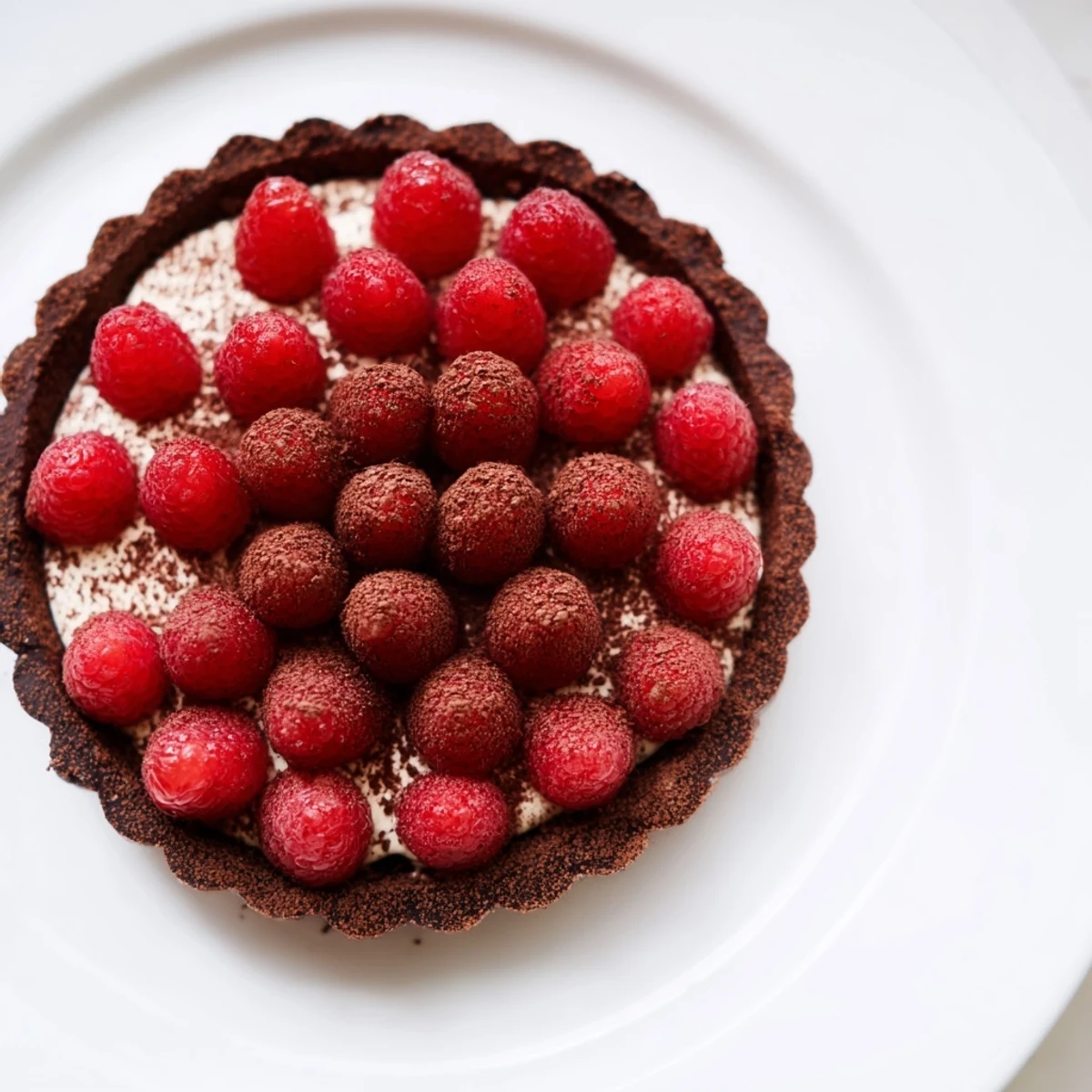 Sliced wedge of Chocolate Raspberry Tart with Pastry Cream reveals silky vanilla layers and a rich chocolate crust.