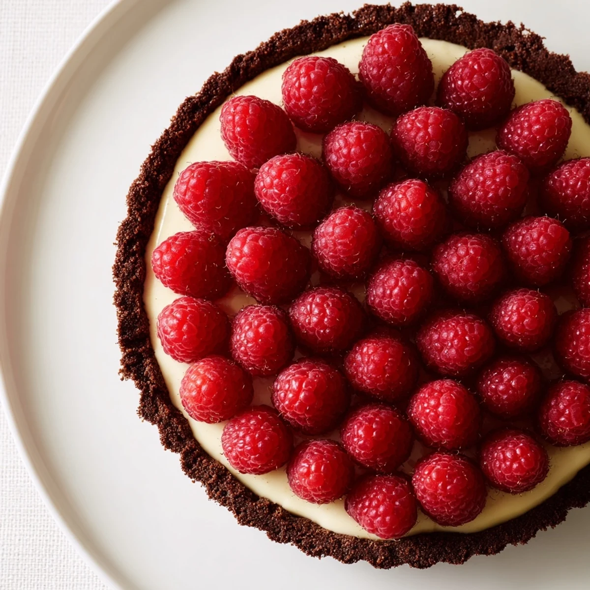 This dessert image shows a Chocolate Raspberry Tart with Pastry Cream, topped with glossy fresh raspberries.  