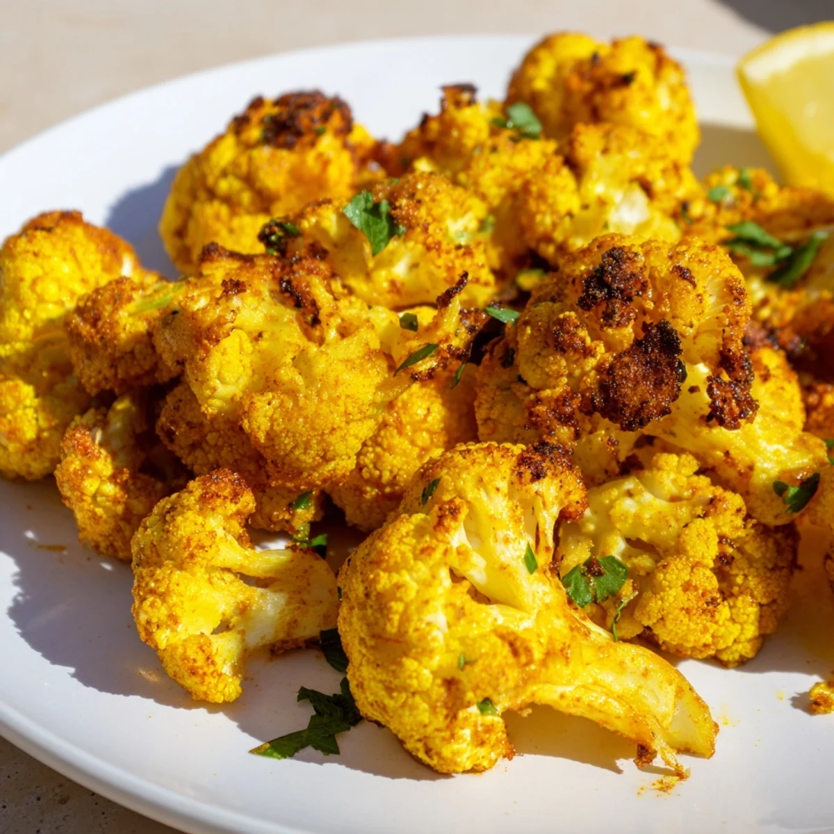 Golden-brown Roasted Cauliflower with Turmeric and Cumin florets ready to serve on a white platter.