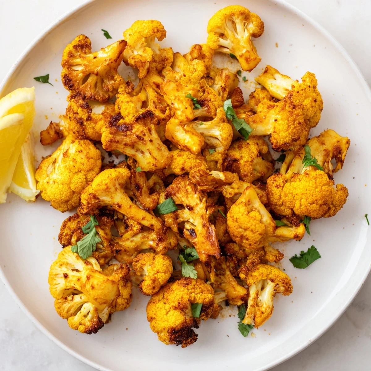 Roasted Cauliflower with Turmeric and Cumin garnished with fresh cilantro and lemon wedges.