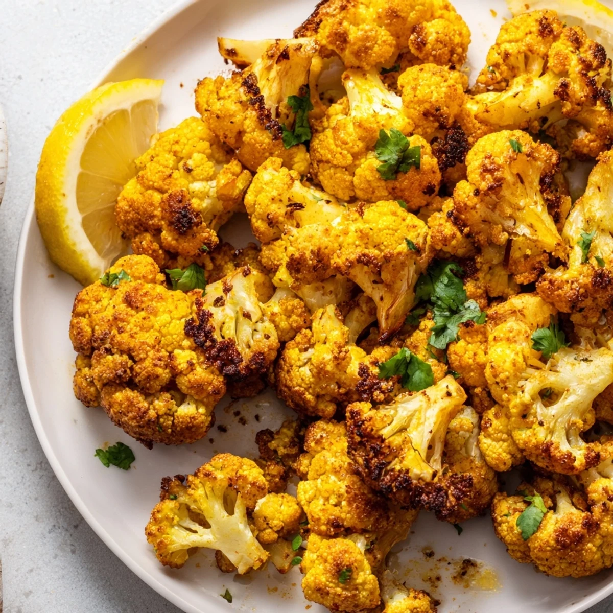 Vibrant golden Roasted Cauliflower with Turmeric and Cumin on a baking sheet with spices.