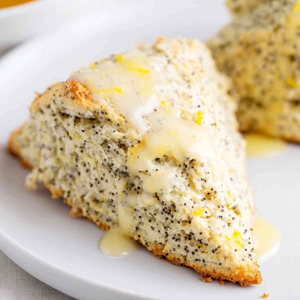 Golden brown Lemon Poppy Seed Scones with a drizzle of sweet glaze on a white plate with fresh lemon slices.