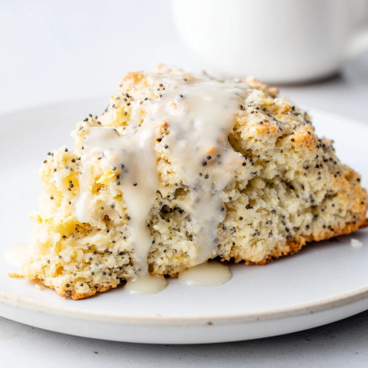 Close-up of a Lemon Poppy Seed Scone showing tender crumb texture, poppy seeds, and glossy lemon glaze.