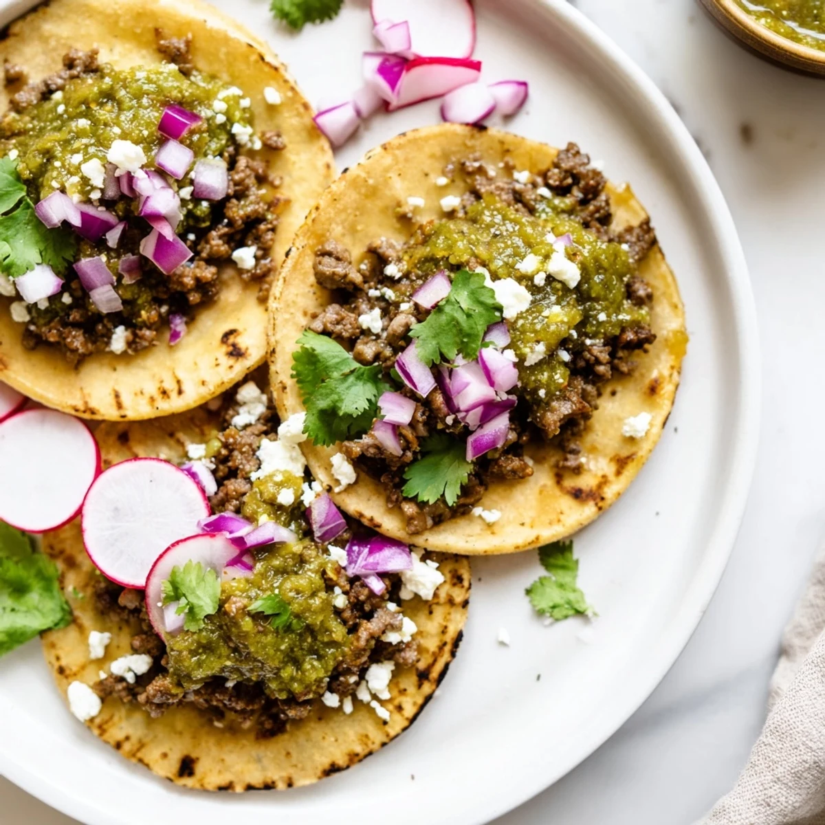 Close-up of spicy beef tacos with salsa verde, melted queso fresco and sliced radishes on a slate serving platter.